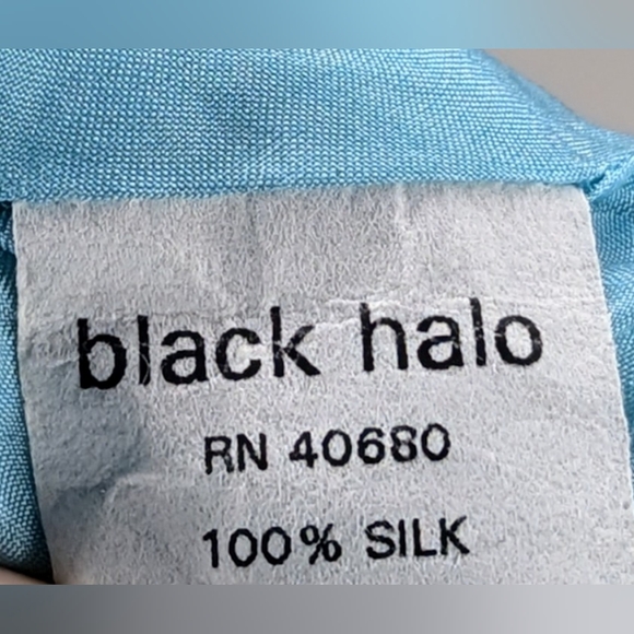 Black Halo • Butterfly Print Gold Detail Metallic Wrap Dress in Blue - Picture 4 of 4